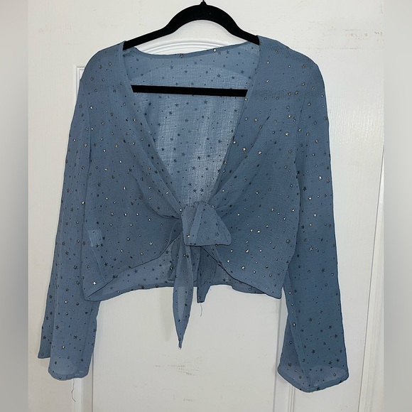 Sheer Blue With Gold Shimmery Stars Tie Front Crop Top — One Size Fits All - Picture 1 of 5